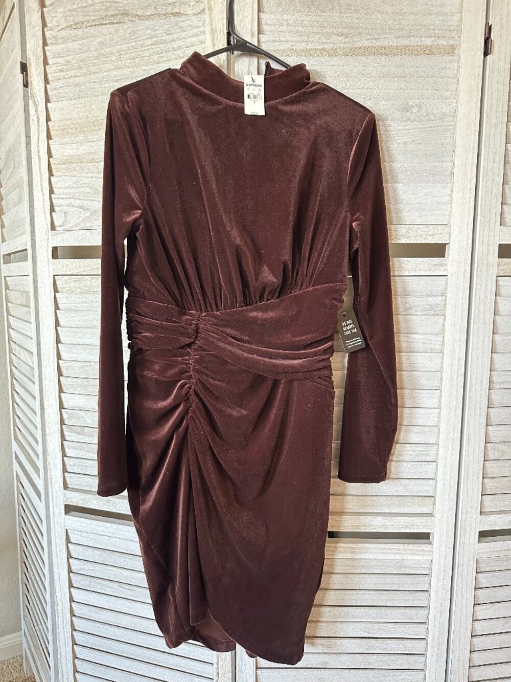 NWT Express Chocolate Brown Velvet Ruched Bodycon Mock Neck Dress M